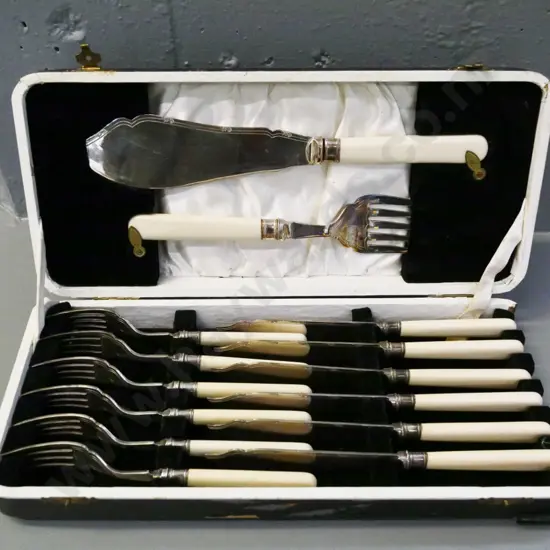 plated bone-handled fish set with server and fork - wear and damage to wooden case