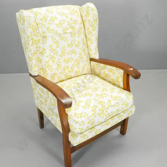 retro printed cotton upholstered wing chair with show-wood arms and legs, a bit creaky, one arm loose H-1020 W-630 D-640