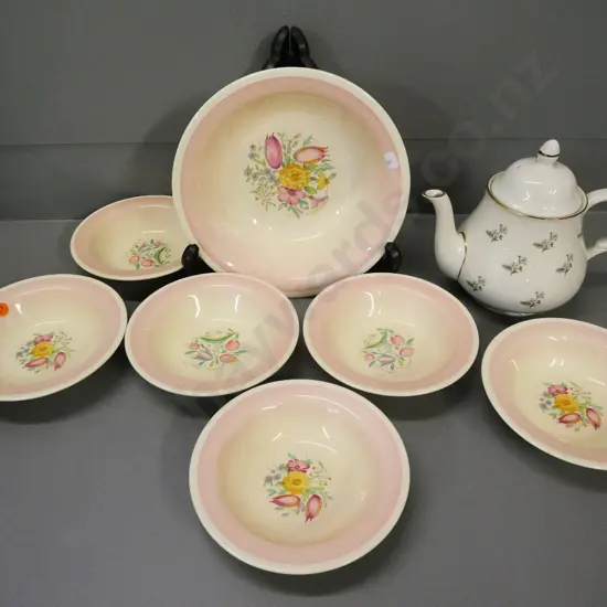 Susie Cooper Springtime dessert set (scratches to design in bottom of bowl) and an Arthur Wood teapot