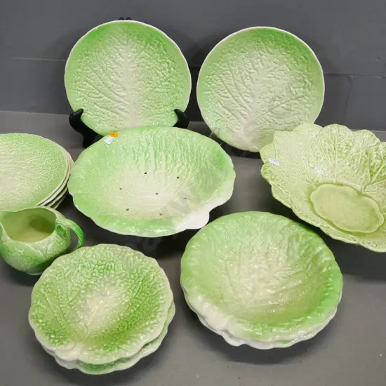 English green glaze salad ware: Melba, Royal Winton, includes drainer bowl, creamer, etc - chip to one dish