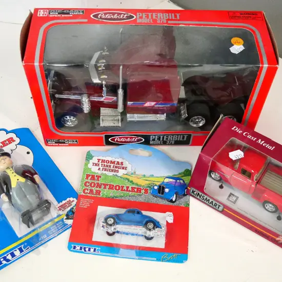 Peterbilt tractor cab, Kinsmart die-cast Chevy pickup and Thomas The Tank Engine Fat Controller and car