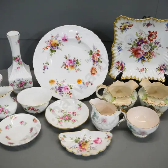 assorted English bone china floral items - Hammersley Lady Patricia dish, 3x cream & sugars, Royal Crown Derby plate etc