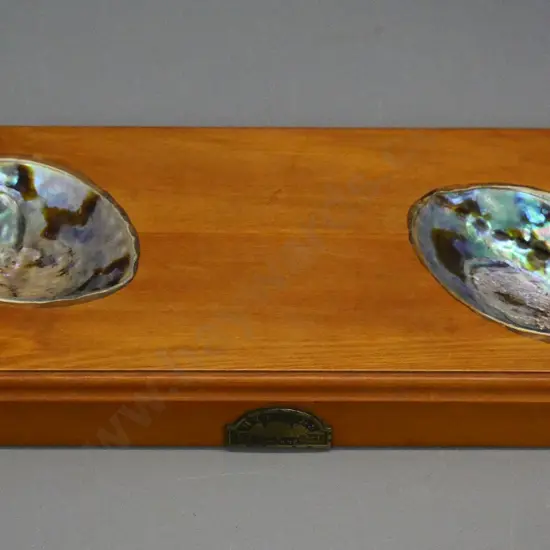 New Zealand made Hylands serving tray made from 2 paua shells in heart rimu block -390 W190