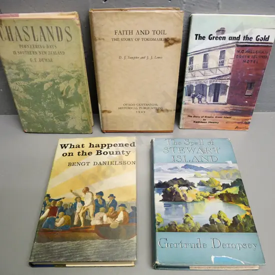 5 books - 4 Otago & Southland local histories and What Happened on the Bounty - general light wear to all