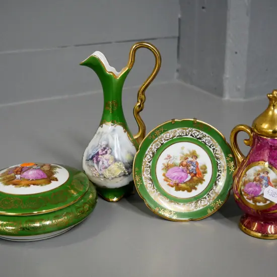 4 pieces of Limoges china - 3 green and 1 red. Green jug is H-170
