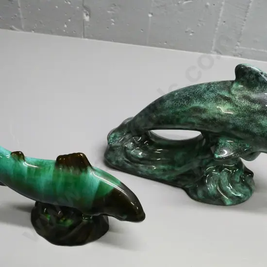 2 Blue mountain pottery figures - dolphin H-210 L-300 and fish