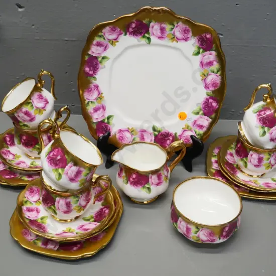 Royal Albert heavy gilt Old English Rose 21-piece tea set