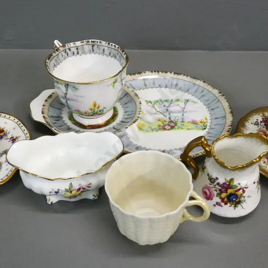 Royal Crown Derby coffee can & saucer, Hammersley cream & sugar, coffee cup & saucer, Royal Albert tennis, Belleek cup
