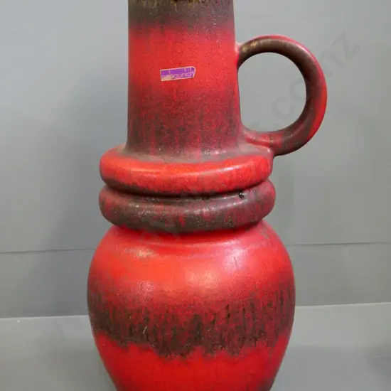 large Scheurich German pottery red and brown trickle glaze single handled vase H-490