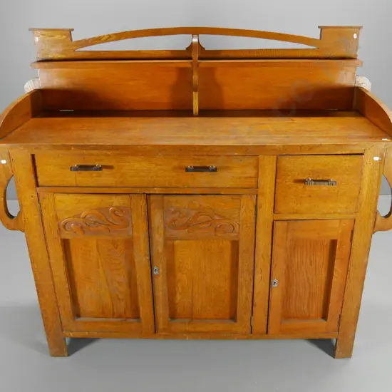 deco oak sideboard with carved panels, bakelite handles, 3 drawers, 3 doors - H-1340 W-1520 D-520