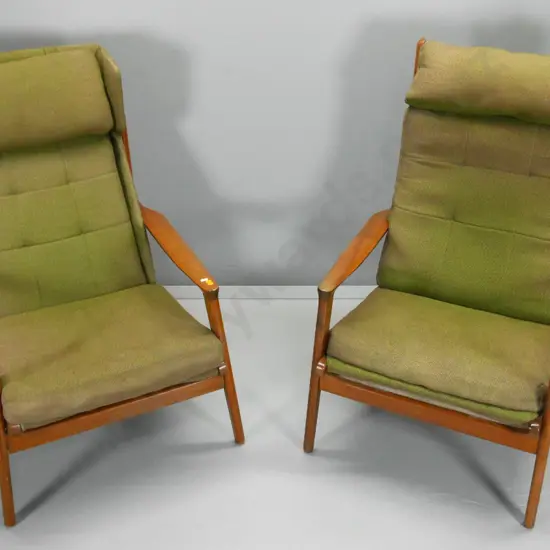 pair of mahogany mid-century Fler NZ "Karinga"  chairs - fading & wear to tweed upholstery - significant damage to  wood