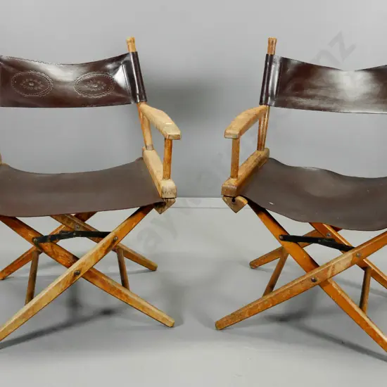 pair of director's chairs w/leather seats and backs - loose joints, polish needs work H830 W600 D450