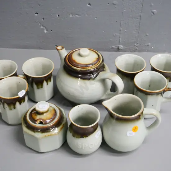 Clay Craft New Zealand pottery tea/coffee set - teapot, 6 mugs, cream & sugar and spoon pot