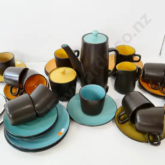 large collection of Mikasa brown and multi-colour tea and coffee ware - coffee pot, 12 cups & saucers, 3 trios etc.
