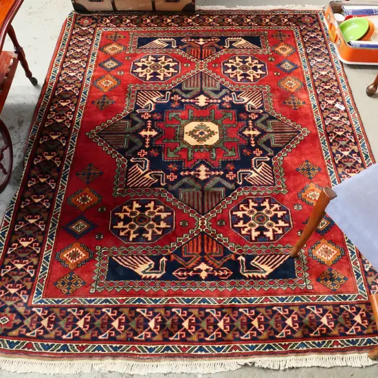 rust, blue and cream woolen floor mat L-2020 W-1600