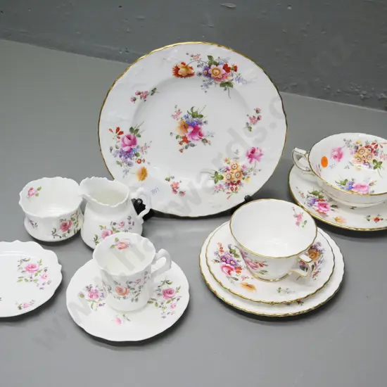 various Royal Crown Derby and Hammersley posies items cake plate, soup & saucer, trio, cream & sugar, etc.