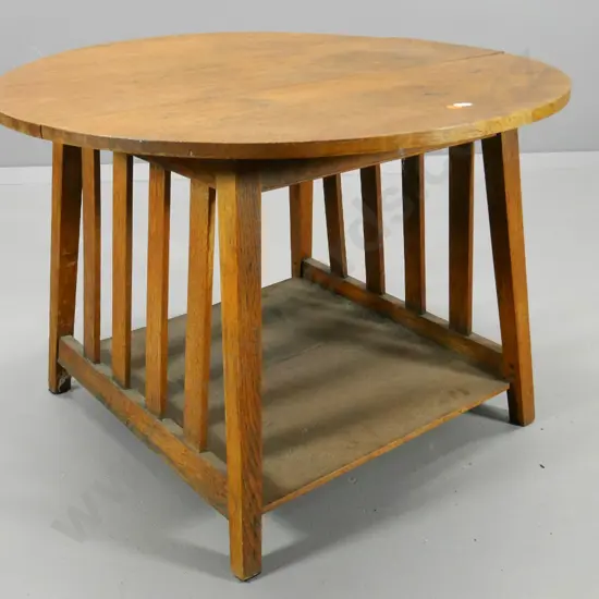 deco oak round slatted side coffee table with shelf - splitting, polish needs attention H-470 Diameter 680