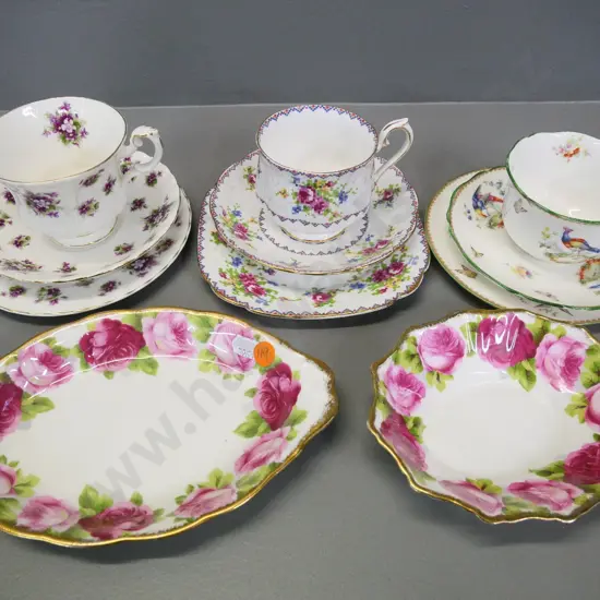 3 trios - two Royal Albert one Royal Doulton, and Royal Albert Old English Rose 2 sweet dishes