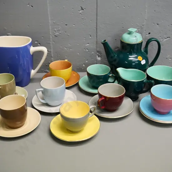 Palissy Riviera coffee set, 6 saucers, 5 cups (2 have damage) 3 Branksome coffee cups & saucers, & a Villeroy & Boch jug