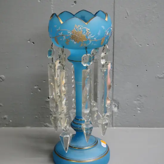 hand-painted teal crystal lustre comport - several lustres are mismatched size H-310