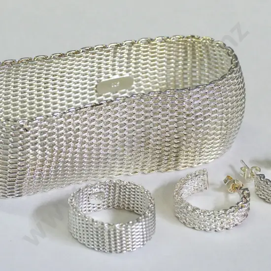 silver mesh style bangle, ring and earring set stamped 925
