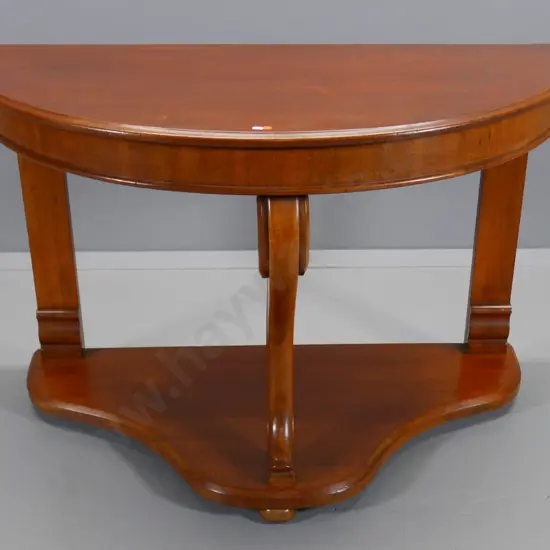vintage mahogany half-round hall table with lower shelf and carved serpentine front leg - minor wear H-740 W-1140 D-570
