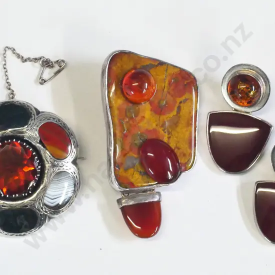 large brooch, earrings set stamped sterling & agate brooch with safety chain