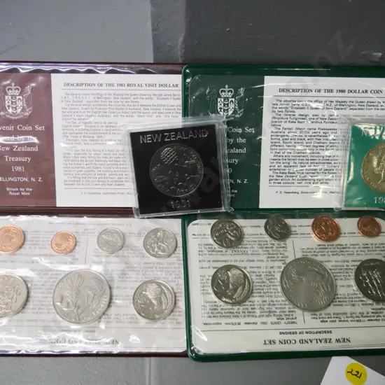 Cased New Zealand coin sets - 1980 and 1981 - souvenir sets with dollar and individual dollars