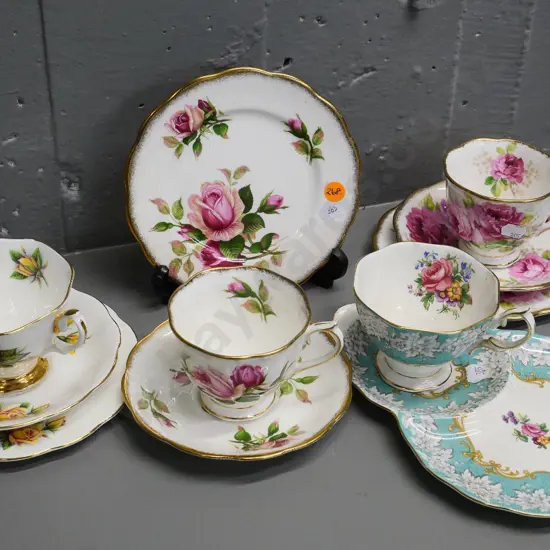 Royal Albert china - 3 trios - American Beauty, Rosemary & Anniversary Rose - and an Enchantment tennis set