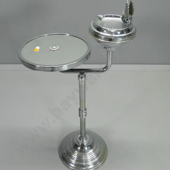 retro chrome smoker's stand with mirrored glass top with ashtray and matchbox holder - minor marks to top H-740 W-400