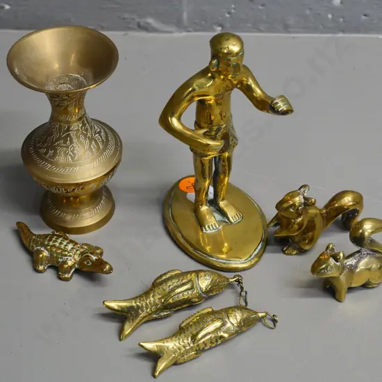 assorted small brassware including a standing figure H140 (missing piece?) miniature animals, 2 fish pendants, etc.