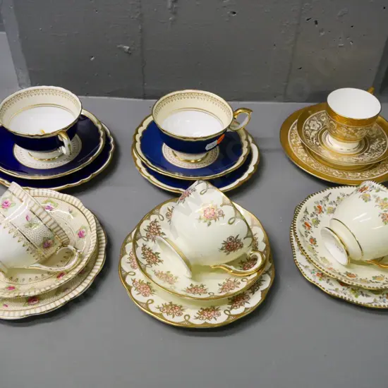 6 English bone china trios - Royal Albert, gilt Minton, 2x Royal Staffordshire, Salisbury and Royal Stafford
