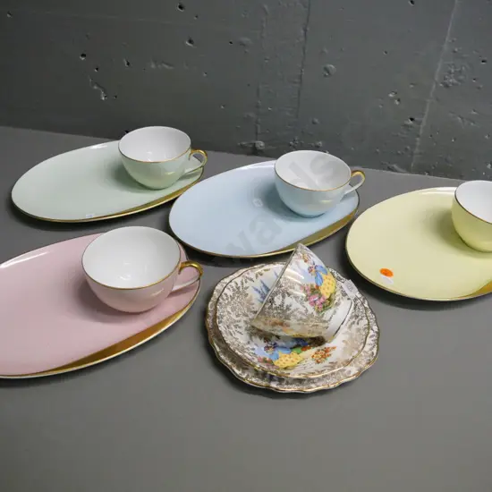 4 Noritake various colour tennis sets and a Colclough crinoline lady trio