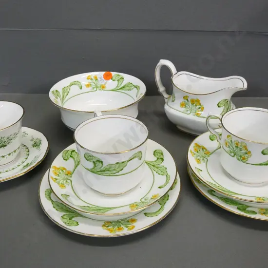 Aynsley Primrose cream, sugar & 2 trios, Royal Worcester Derwent coffee cup and saucer