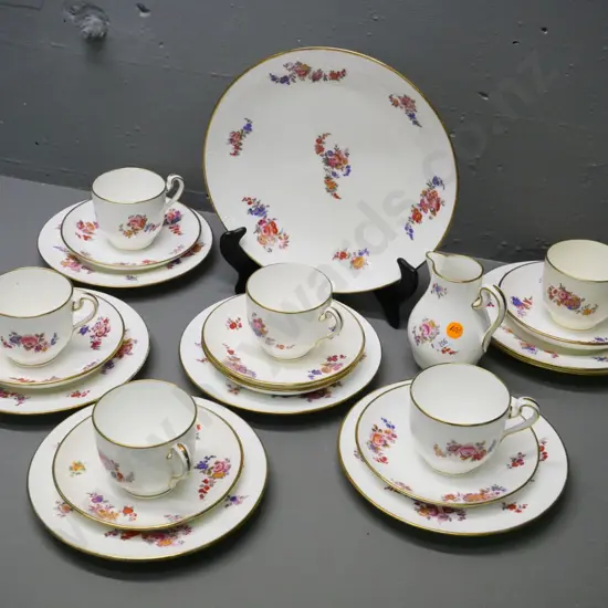 Minton floral teaware - 6 trios, creamer and cake plate with extra side plate and saucer