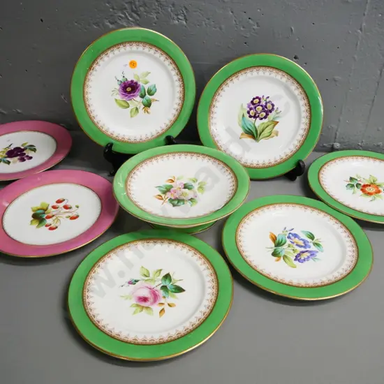 vintage botanical pattern green band fruit set with comport bowl, 5 matching plates, 2 extra pink - one has glaze loss