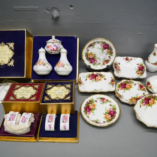 Royal Albert Old Country Roses sweet dishes, vase, bowl etc. and boxed Royal Crown Derby napkin rings and condiment set