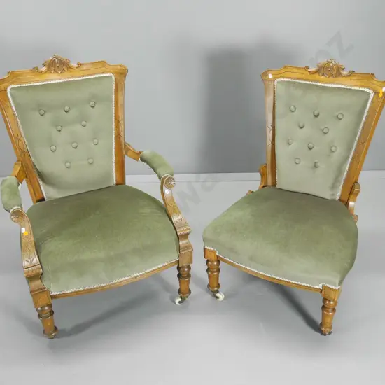 2 Edwardian walnut gent's and lady's chairs - carved detail and button back velvet upholstery; larger is H940 W660 D620