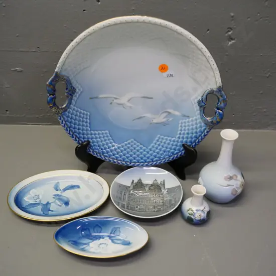 6 Bing & Grondahl or Royal Copenhagen items - B&G handled seagull plate, 2 Royal Copenhagen vases, 2 dishes etc.