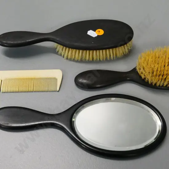 vintage dressing table set with ebony wood handles, faux ivory comb - mirror is L-250