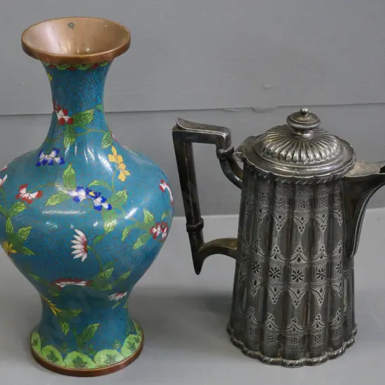 vintage cloisonne vase H-260 and a silver-plated Thomas Astley & Son coffee pot