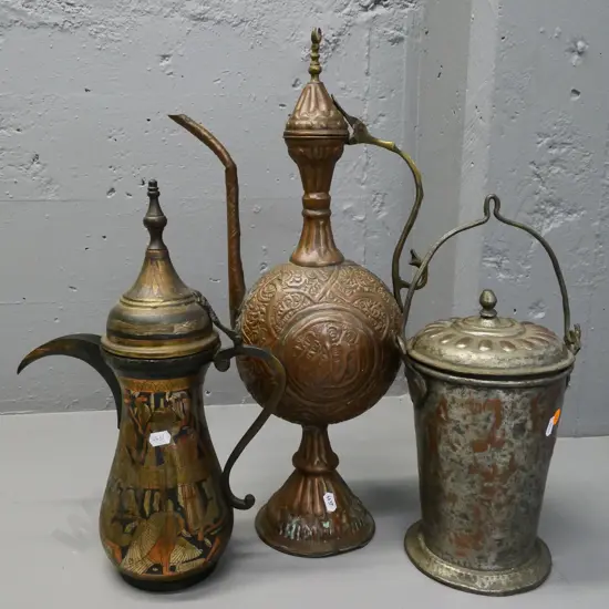 3 middle eastern ornate cast / etched metal items - lidded pail and 2 jugs/pots - tallest H-500