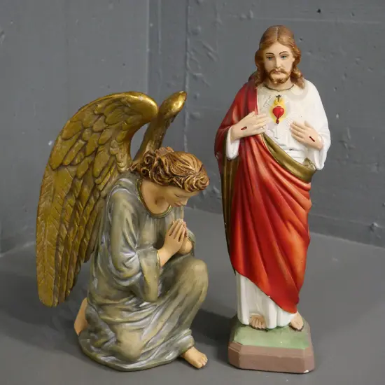 2 religious figurines - painted plaster Christ with some paint loss H-320 and composite kneeling angel