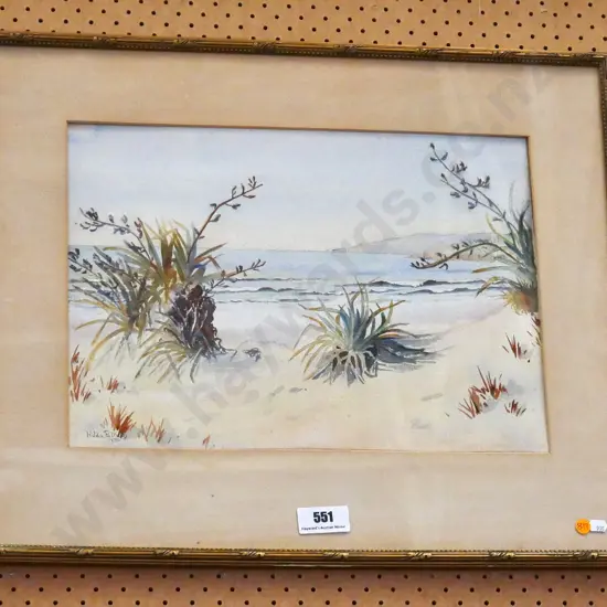 Hilda Pattillo - framed watercolour - coastal scene H-320 W-450