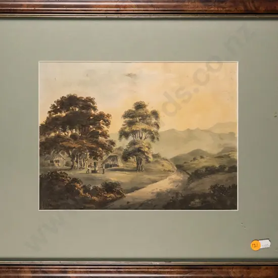 framed watercolour - village scene H-210 W-280
