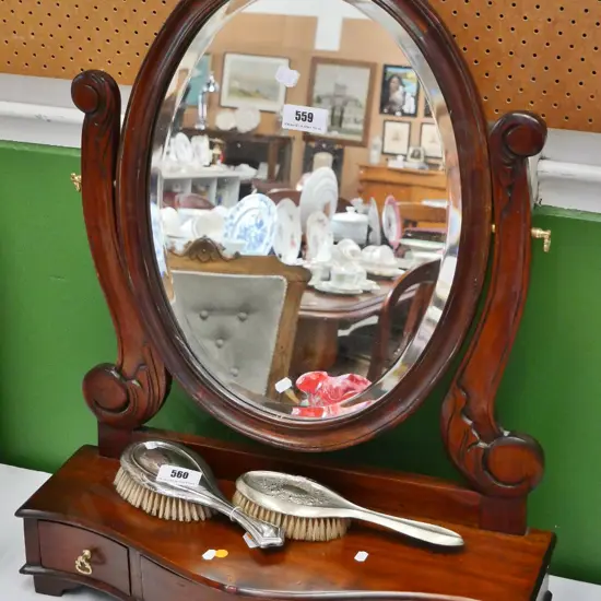 mahogany cheval mirror with carved mirror brackets, 3 drawers, bevelled mirror H-760 W-600 D-220