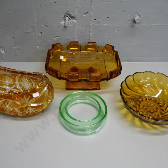 4 pieces of glass - deco depression glass comport bowl H110 W250, uranium glass trough, amber & clear etched bowl etc.