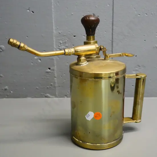 vintage brass garden sprayer with wooden knob - marked Made in England, minor dents H-220