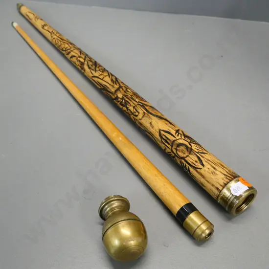 poker-carved walking stick / 2-piece pool cue, with brass screw-off cap and foot: cue fitting collar is loose