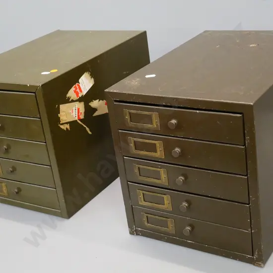 two painted metal 5-drawer cabinets H-290 W-260 D-380 - both have minor corrosion dents and/or dents